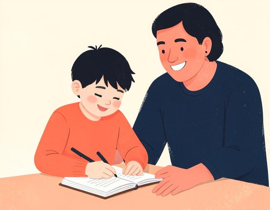Un enfant souriant termine ses devoirs accompagné d’un adulte