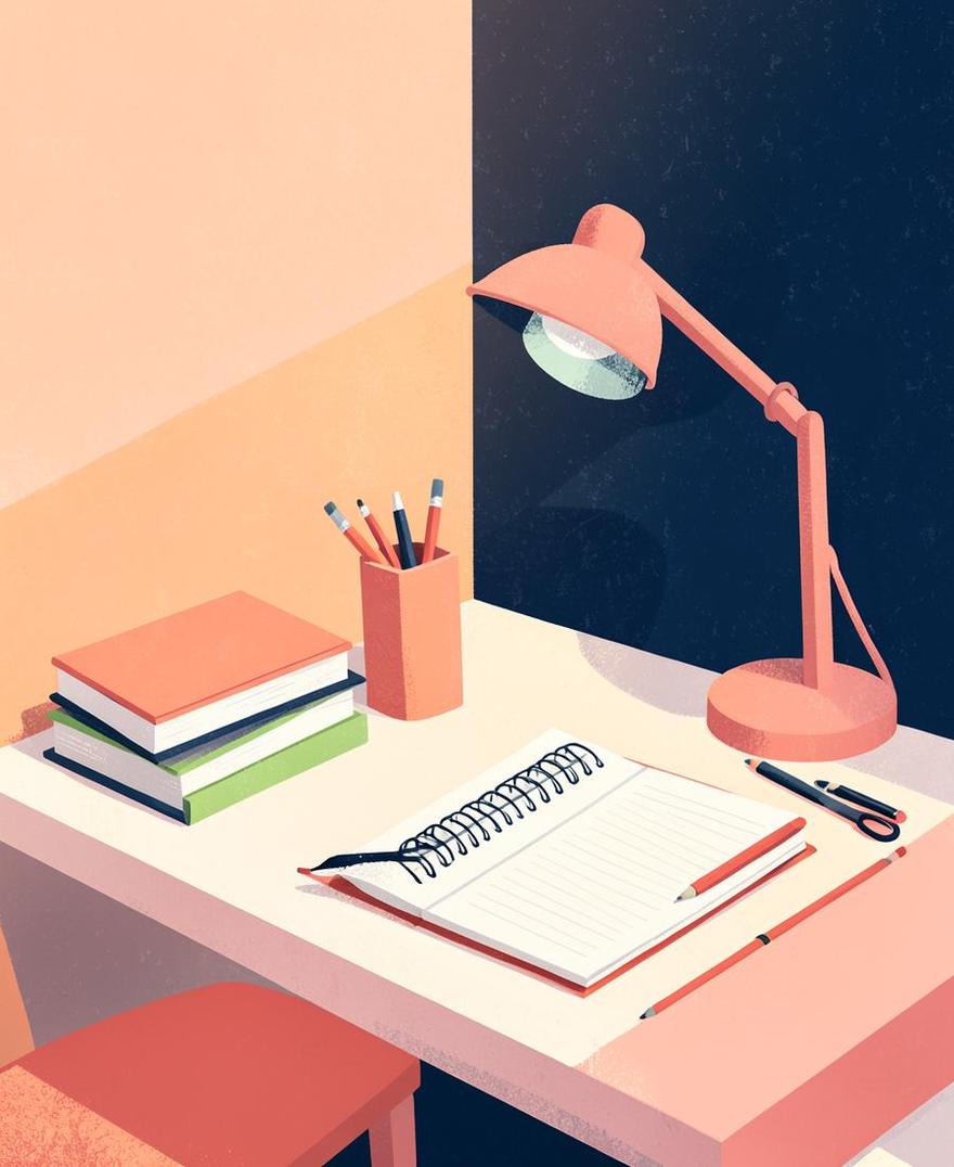 Coin bureau lumineux avec cahiers, livres et lampe