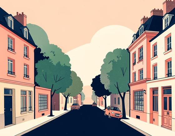 Rue d’un quartier de l’Est parisien avec ses immeubles et ses arbres